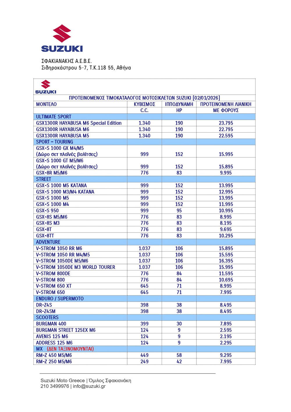 Suzuki Moto Greece - Νέος Τιμοκατάλογος 2026
