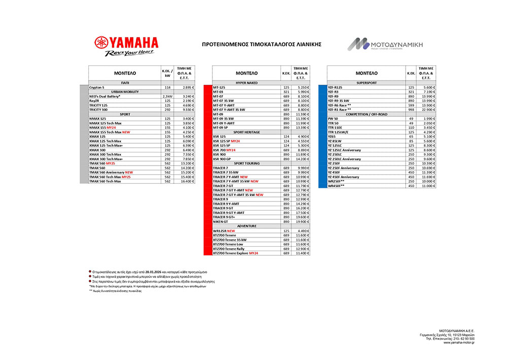 ΤΙΜΟΚΑΤΑΛΟΓΟΣ YAMAHA 2026 ΜΕ ΝΕΑ ΜΟΝΤΕΛΑ/ΕΚΔΟΣΕΙΣ ΚΑΙ ΝΕΕΣ ΜΕΙΩΜΕΝΕΣ ΤΙΜΕΣ